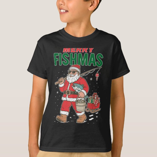 Merry Fishmas Santa Fishing Funny Christmas Fisher T-Shirt (Front)