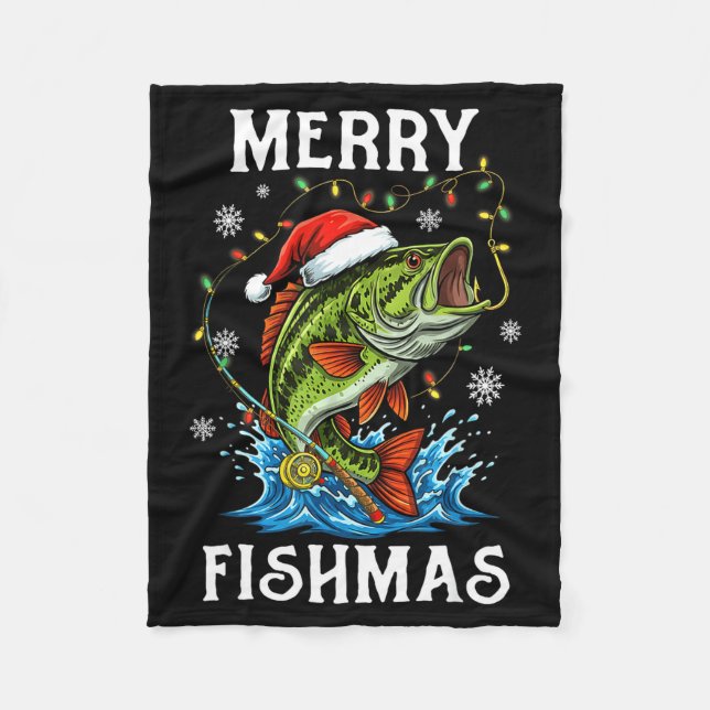 Merry Fishmas Santa Fishing Lovers Funny Fisherman Fleece Blanket (Front)