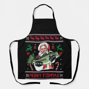 Merry Fishmas Santa Fishing Ugly Christmas Sweater Apron
