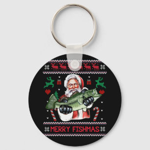 Merry Fishmas Santa Fishing Ugly Christmas Sweater Key Ring