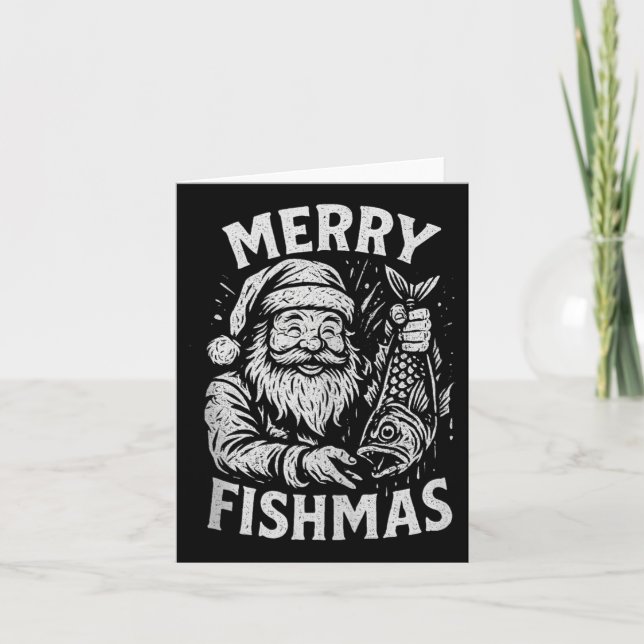 Merry Fishmas Vintage Santa Fishing Christmas Tank Card (Front)
