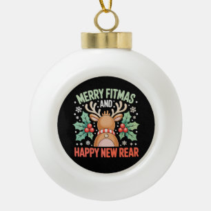 Merry Fitmas Happy New Year Reindeer Workout Xmas Ceramic Ball Christmas Ornament