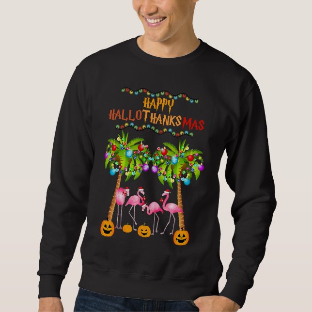 Merry Flamingo Halloween Christmas Happy Hallothan Sweatshirt (Front)