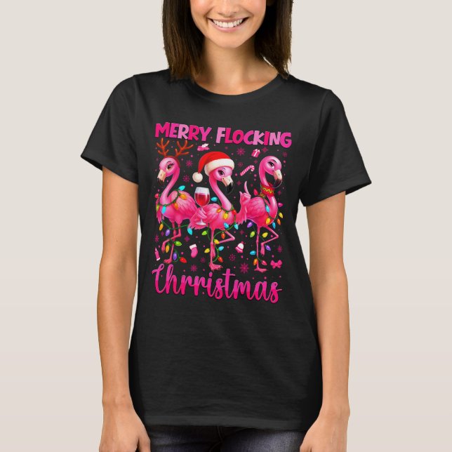 Merry Flocking Christmas Flamingo Drink Pjs Xmas M T-Shirt (Front)