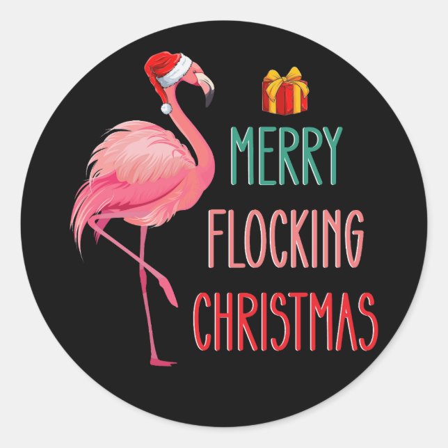 Merry Flocking Christmas Funny Flamingo Holiday Classic Round Sticker (Front)
