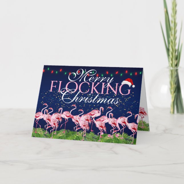 Merry Flocking Christmas Pink Flamingo Holiday Card (Front)