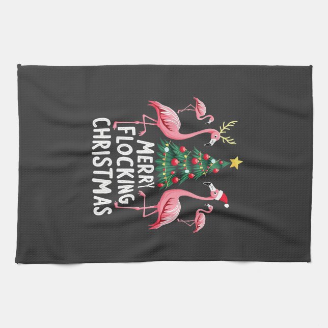 Merry Flocking Christmas Xmas Flamingo Tree Tea Towel (Horizontal)