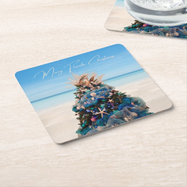Merry Florida Christmas Tropical Beach HolidayTree Square Paper Coaster (Angled)