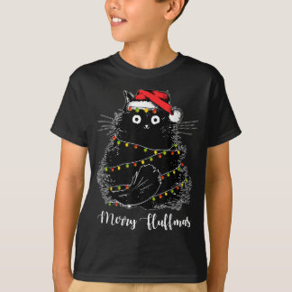 Merry Fluffmas Cats With Santa Hat Xmas Lights Chr T-Shirt