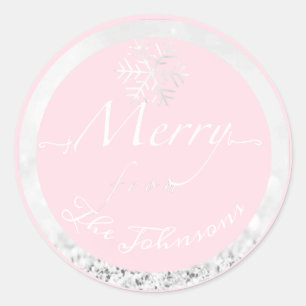 Merry From The Family Name Snowflakes Pink Grey Classic Round Sticker