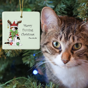 Merry Fuzzing Christmas Cat Ceramic Ornament