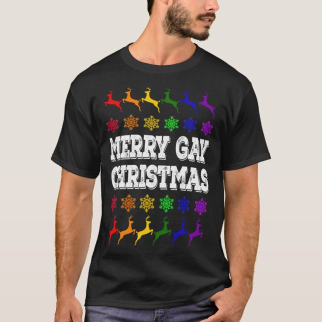 Merry Gay Christmas LGBT Reindeers Snowflakes funn T-Shirt (Front)