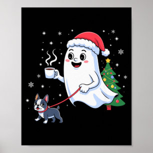 Merry Ghost Walking Boston Terrier Dog Christmas Poster