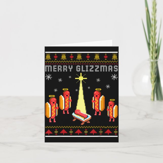 Merry Glizzmas Hot Dog Funny Ugly Christmas Sweate Card (Front)
