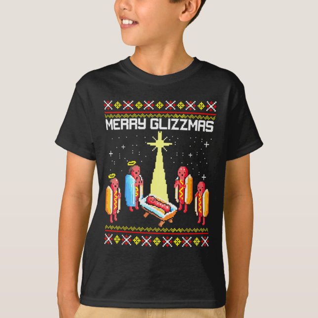 Merry Glizzmas Tacky Funny Merry Christmas Hotdogs T-Shirt (Front)