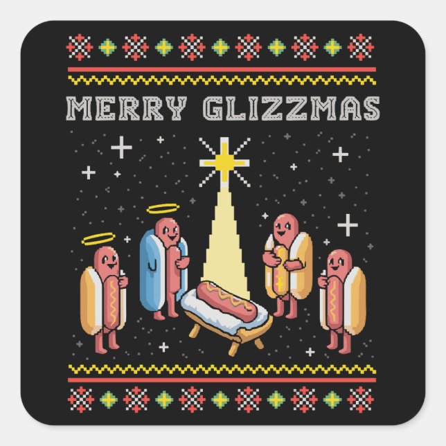 Merry Glizzmas Ugly Christmas Hot Dog Xmas Square Sticker (Front)