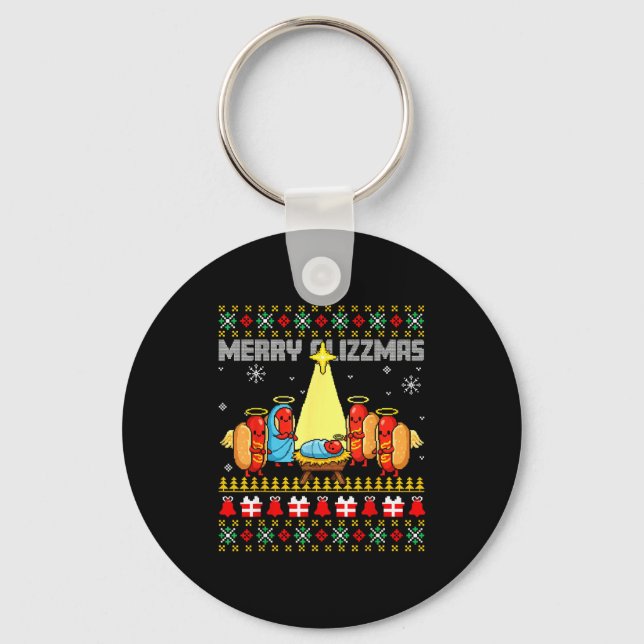 Merry Glizzmas Ugly Christmas Sweaters Hot Dogs Xm Key Ring (Front)