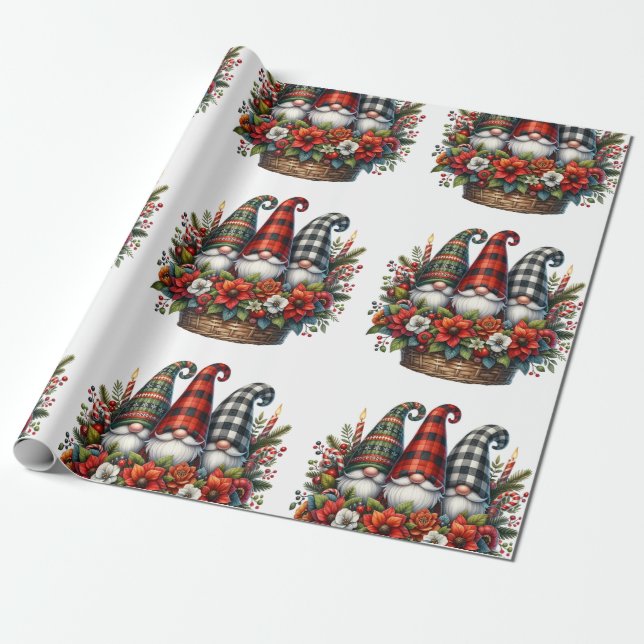 Merry Gnomes and Plaid Decor Wrapping Paper (Unrolled)