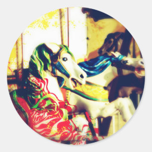 Merry-Go-Round Horses Summer Flashback Digital Art Classic Round Sticker