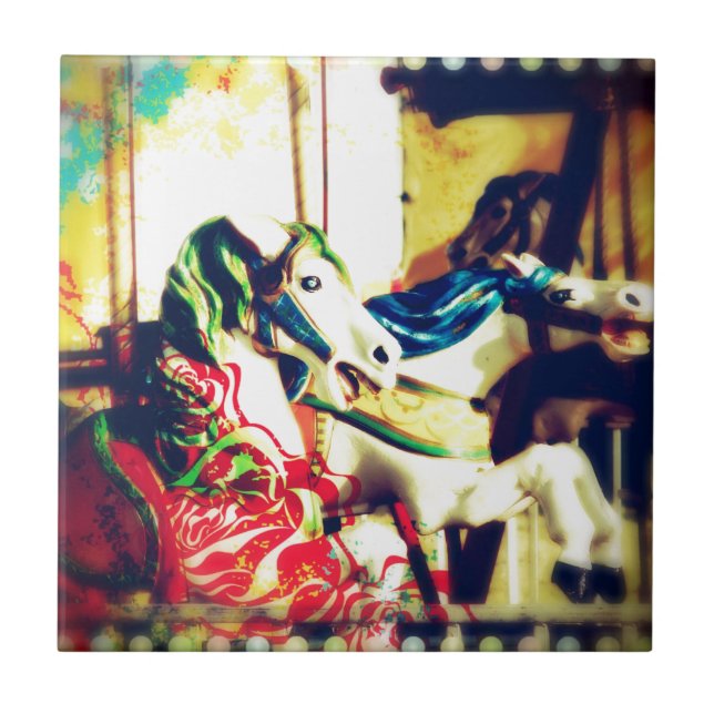 Merry-Go-Round Horses Summer Flashback Digital Art Tile (Front)