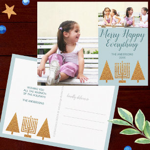 Merry Gold Blue 3 Photo Collage Holiday Postcard