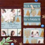 Merry Gold Blue Christmas Hanukkah Photo Wrapping Paper Sheet<br><div class="desc">Create your own assortment of holiday photo wrapping paper sheets with this fun yet elegant faux gold and blue Merry Happy Everything theme. This variety pack of custom interfaith holiday gift wrap includes two sheets featuring your photos and one sheet with a pastel blue, dark blue and white typography feel...</div>