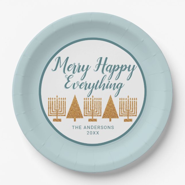 Merry Gold Blue Holiday Interfaith Party Paper Plate (Front)