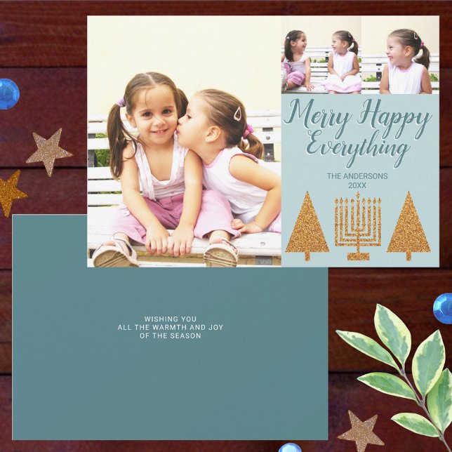 Merry Gold Blue Modern 3 Photo Collage Holiday Card (Creator Uploaded)