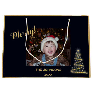 Merry! ~ Gold Christmas Tree ~ Family Photo Large Gift Bag