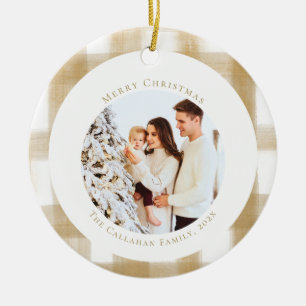 Merry Golden Gingham Plaid Family Christmas Photo Ceramic Tree Decoration