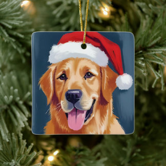 Merry Golden Retriever | Santa Hat Dog Christmas Ceramic Ornament
