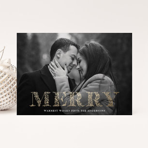 Merry Golden Winter Floral Lettering Photo Holiday Card