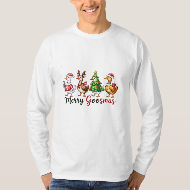  Merry Goosemas Christmas Goose Wearing Santa Hat T-Shirt (Front)