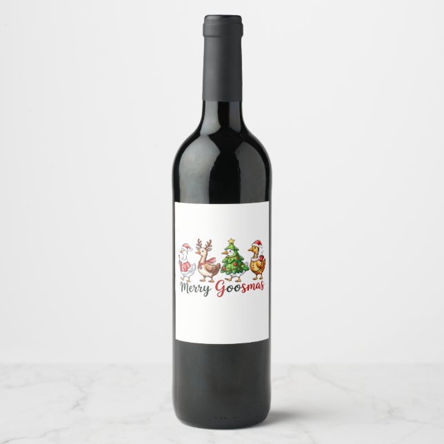  Merry Goosemas Christmas Goose Wearing Santa Hat Wine Label (Front)