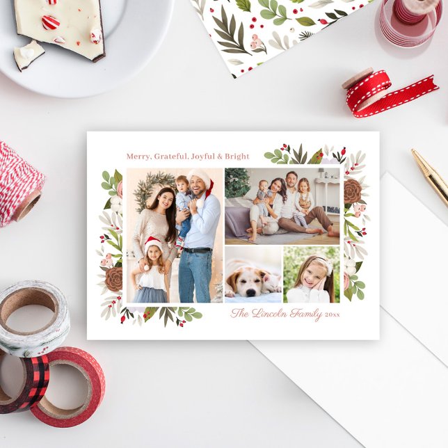 Merry Grateful Joyful Bright Floral Collage Holiday Card (Creator Uploaded)