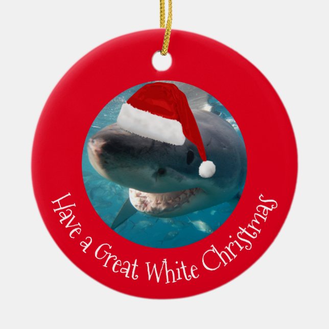 Merry Great White Christmas Shark Portrait Photo Ceramic Tree Decoration (Front)