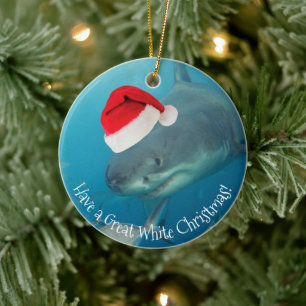 Merry Great White Christmas Shark Santa Hat Funny Ceramic Tree Decoration