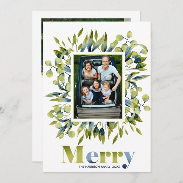 Merry Green Blue Foliage Christmas Photo  Holiday Card (Front/Back)