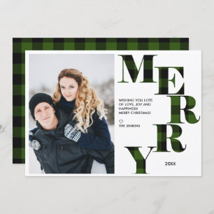 Merry Green Buffalo Plaid Photo Holiday Invitation