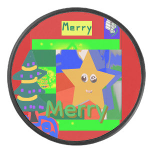 Merry Green Name on Red Christmas Hockey Puck