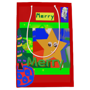 Merry Green Name on Red Christmas Medium Gift Bag