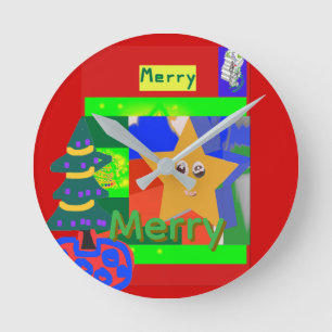 Merry Green Name on Red Christmas Round Clock