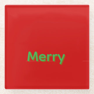 Merry Green Name on Red Glass Coaster