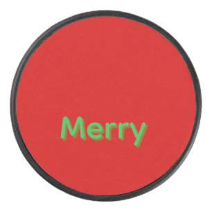 Merry Green Name on Red Hockey Puck