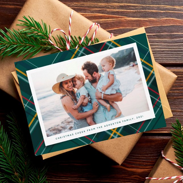 Merry green plaid one-photo modern Christmas Holiday Card (Creator Uploaded)