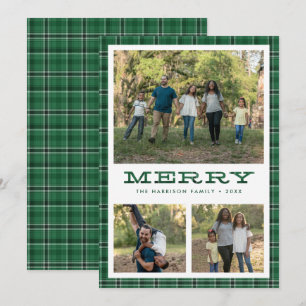 Merry Green Plaid Three Photo Christmas Holiday Card