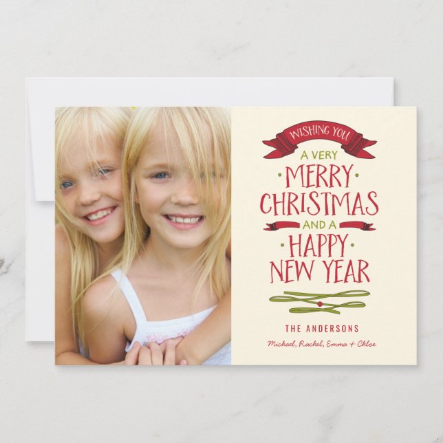 Merry Greetings Red Banner Holiday Photo Card (Front)