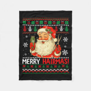 Merry Hairmas Christmas Sweater Santa Hairstylist  Fleece Blanket