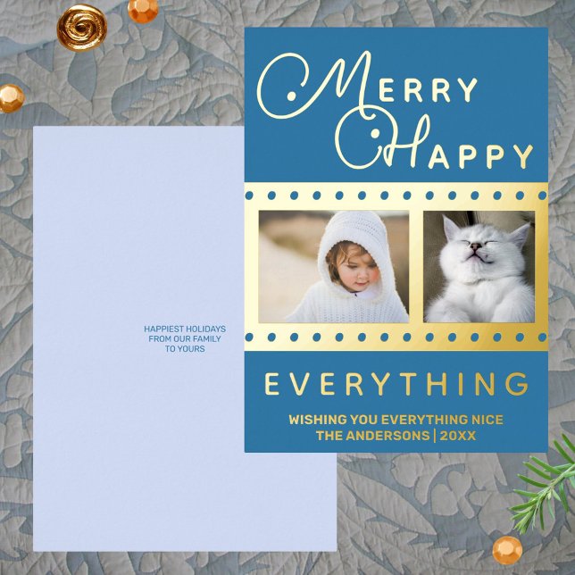 Merry Happy Chic 2 Photo Word Art Blue Gold (These blue and real gold foil Christmas cards feature your photos & MERRY HAPPY EVERYTHING holidays)