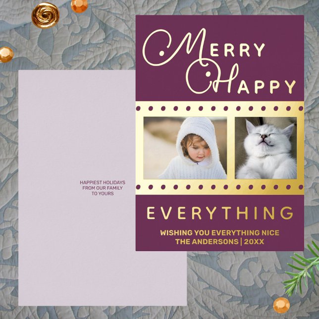 Merry Happy Chic 2 Photo Word Art Purple Gold (Real gold foil printed Christmas cards in dark purple highlight your photos)